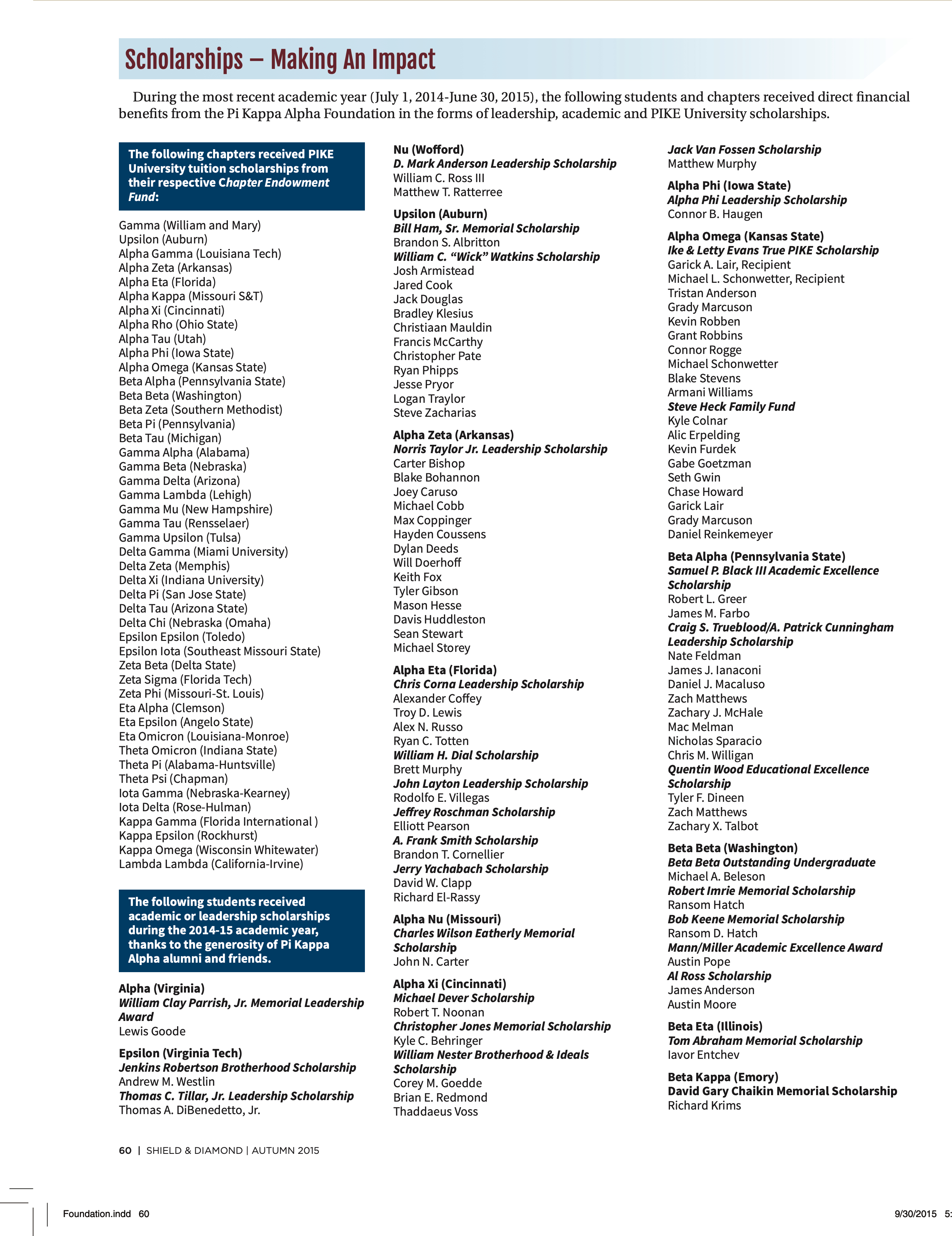 Pi Kappa Alpha Foundation: Scholarships - Making an Impact, Autumn 2015